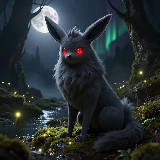 Feral Fluffy Umbreon with Glowing Red Eyes in Mystical Forest