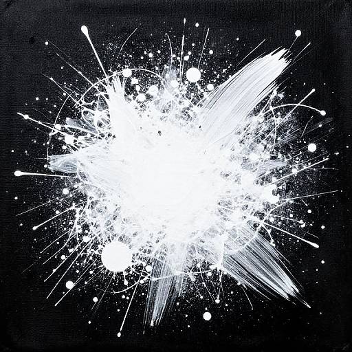 Abstract digital artwork of a bright white splatter with radiating lines and dots on a black background.