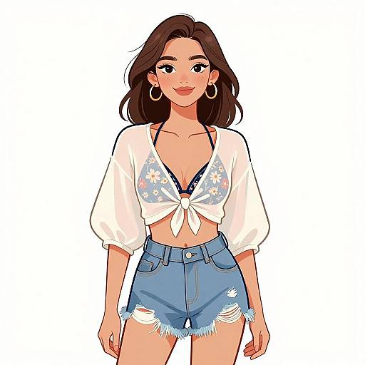 Digital illustration of a smiling woman with long brown hair, wearing a tied floral crop top, sheer white blouse, and ripped denim shorts, with hoop earrings