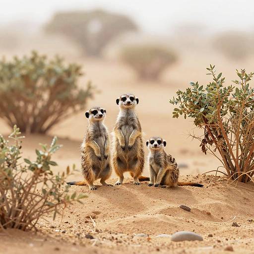 Photograph of three meerkats standing in a sunlit, arid desert with sparse green shrubs; two adults and one smaller kit.