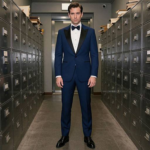 Photograph of a handsome man in a dark blue tuxedo with black lapels, white shirt, black bow tie, standing in a dimly