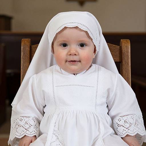Photograph of a baby with fair skin, blue eyes, wearing a white lace-trimmed dress and veil, seated on a wooden chair.