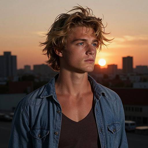 Photograph of a handsome, blond, blue-eyed man with tousled hair, wearing a denim jacket over a black V-neck shirt, gazing at
