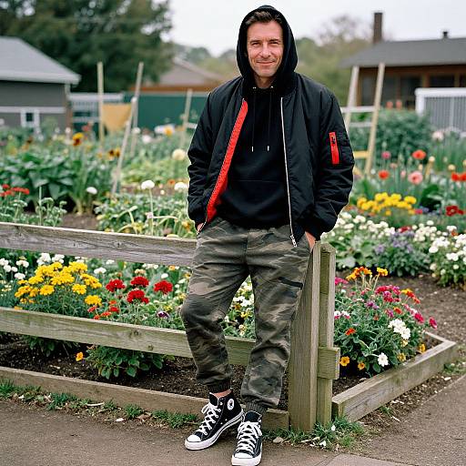 Photograph of a smiling man in a black hoodie and camo pants, standing by a wooden fence in a colorful flower garden.