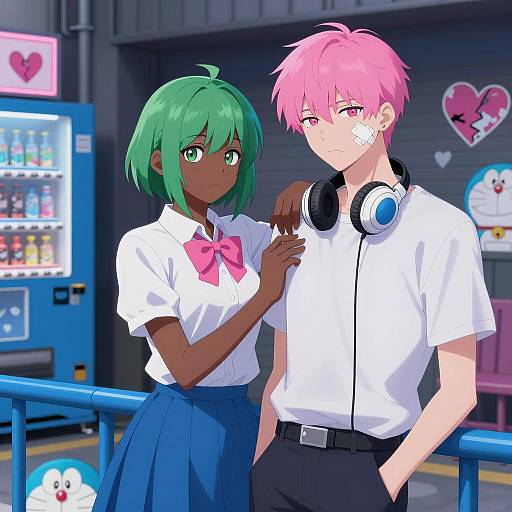 Anime Teens in Neon Alley Illustration