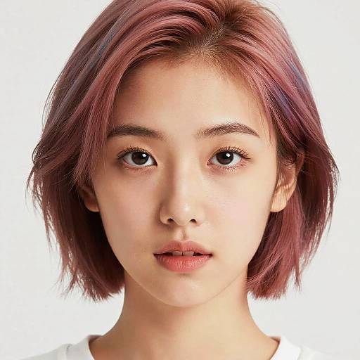 Photograph of an Asian woman with short, reddish-brown hair, fair skin, and brown eyes, looking directly at the camera against a white