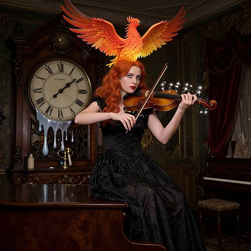 Photograph of a red-haired woman with fiery bird wings playing violin in a dimly lit, ornate room with a large clock and wooden furniture.