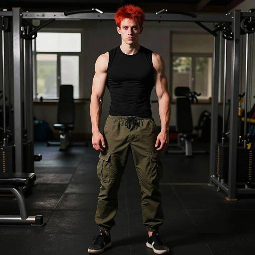 Photograph of a muscular, red-haired man in a black tank top and olive cargo pants, standing in a dimly lit gym.