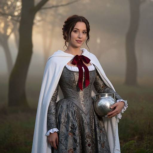 Photorealistic digital artwork of a brunette woman in medieval dress with intricate patterns, white cape, red ribbon, holding a silver flask, standing in a