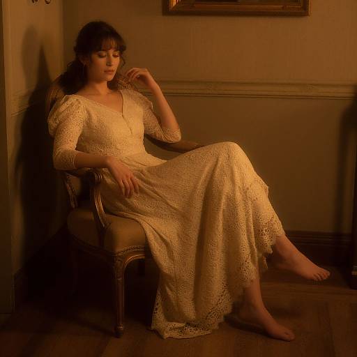 Photograph of a woman with wavy brown hair, wearing a cream lace dress, seated on a vintage chair, softly lit by warm, yellow-orange