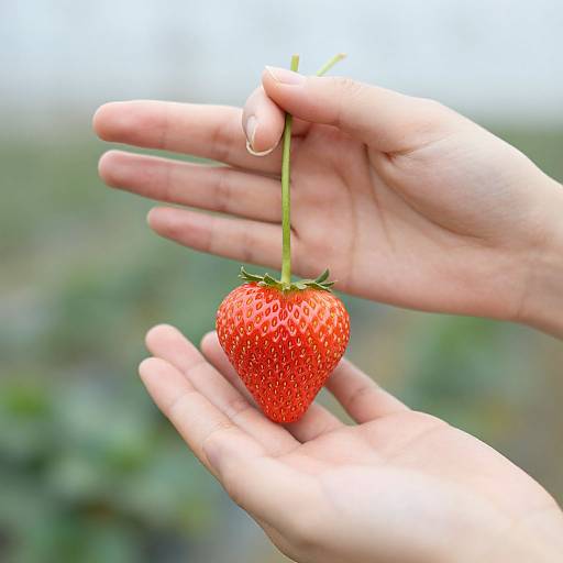 Photograph of two hands gently holding a bright red, ripe strawberry with a green stem against a blurred outdoor background.