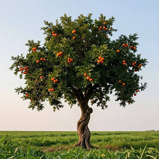 Photograph of a twisted orange tree with vibrant green leaves and bright orange fruits, standing in a lush green field under a clear blue sky.