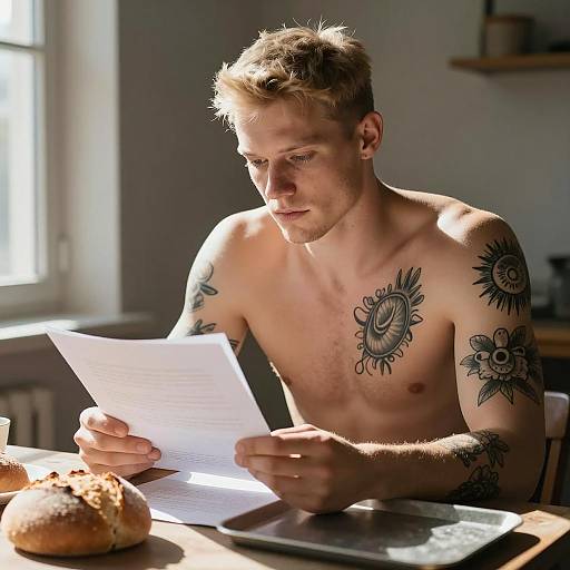 Concentrating Man with Tattoos in Sunlight
