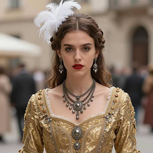 Elegant Woman in Ornate Gold Vintage Dress