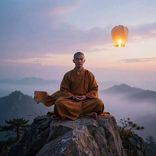 Monk Meditating on Mountain Peak at Dawn