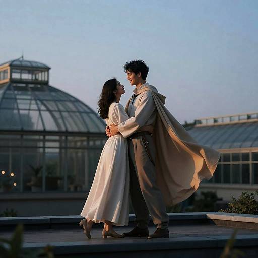 Couple Embracing on Rooftop at Twilight