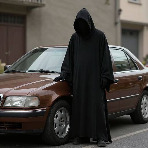 Photograph of a mysterious figure in a black hooded robe standing beside a red sedan on a city street.