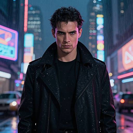 Gritty photograph of a wet, dark-haired man in a black leather jacket standing in a neon-lit, rainy city street at night.