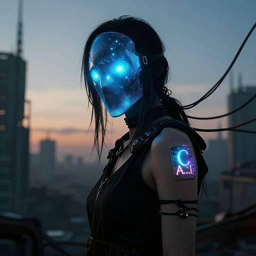 Photograph of a cyberpunk woman with a glowing blue mask, illuminated cityscape background, neon arm patch, and dark, futuristic attire.