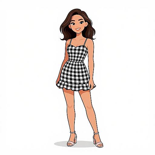 Digital illustration of a smiling, dark-haired woman in a black-and-white checkered, sleeveless dress and white sandals, standing against a white background.