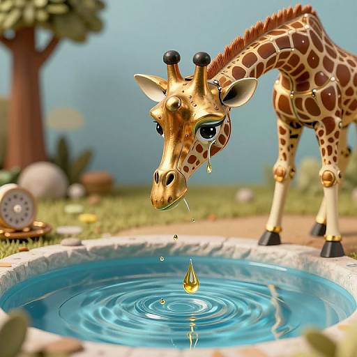 Digital illustration of a giraffe with large eyes drinking from a blue, realistic water puddle, with a blurred savanna background.