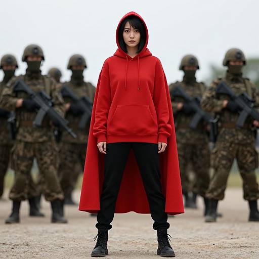 Photograph of an Asian person in a bright red hooded coat, black pants, and boots, standing confidently in front of a blurred background of armed