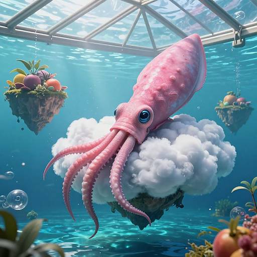 Surreal Giant Squid Cultivating Floating Islands