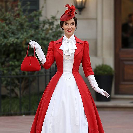 Photograph of a smiling woman in a vibrant red dress with white underskirt, white gloves, red hat, and matching red handbag, standing