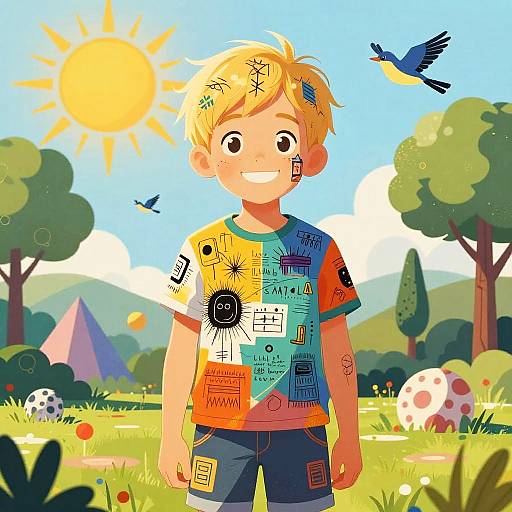 Colorful digital illustration of a smiling blonde boy with tattoos on his shirt, standing in a sunny meadow with birds, trees, and colorful eggs.