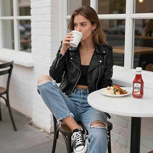 Young Woman at Café in Leather Jacket