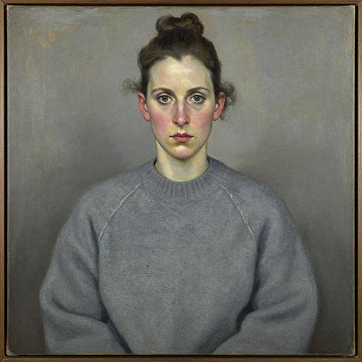 Photorealistic painting of a young woman with fair skin, dark hair in a bun, wearing a gray sweater, against a muted gray background.