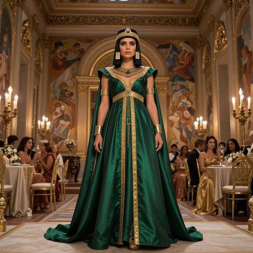 Photograph of a South Asian woman in a green and gold embroidered traditional gown, standing in an ornately decorated, candlelit hall.