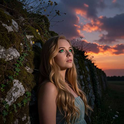 Photograph of a blonde woman with green eyes, wearing a blue dress, leaning against a mossy stone wall at sunset. Vibrant orange and purple