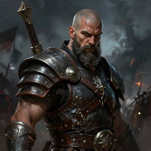 Digital painting of a muscular, bald, bearded warrior with dark armor, a sword on his back, and a scar on his forehead, standing in