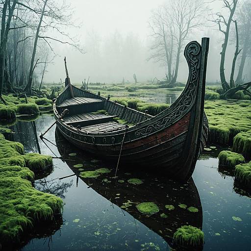 Weathered Viking Ship in Misty Swamp