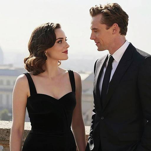 Photograph of a fair-skinned, brown-haired woman in a black strapless dress and a fair-skinned, brown-haired man in a black suit