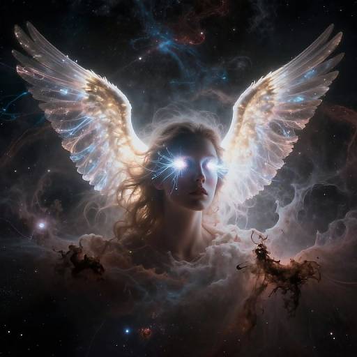 Digital artwork of a glowing, ethereal woman with radiant wings, bright blue eyes, and flowing hair, set against a cosmic, starry background.