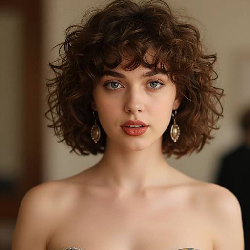 Photograph of a fair-skinned woman with curly brown hair, blue eyes, red lipstick, and oval earrings, topless, against a blurred indoor