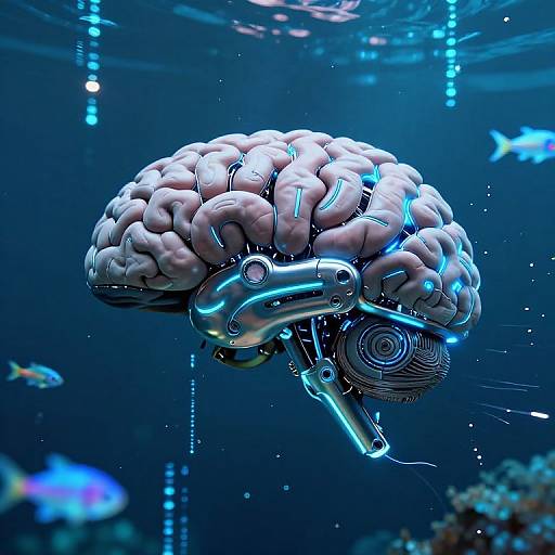 Digital artwork of a futuristic, cybernetic human brain with glowing blue circuits, floating underwater among colorful fish and coral.