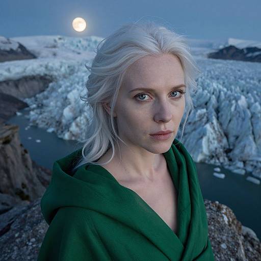 Photograph of a pale-skinned, blonde woman with blue eyes, wearing a green cloak, standing in a snowy, icy landscape with a glowing moon