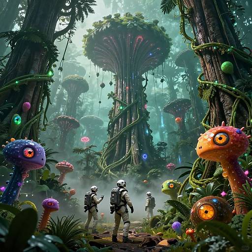 Digital art of a vibrant, misty forest with towering, colorful, alien-like mushrooms and three explorers in futuristic gear, surrounded by glowing orbs and