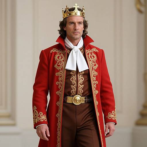Photograph of a man with wavy brown hair, wearing a gold crown, red ornate coat, brown trousers, white cravat, and