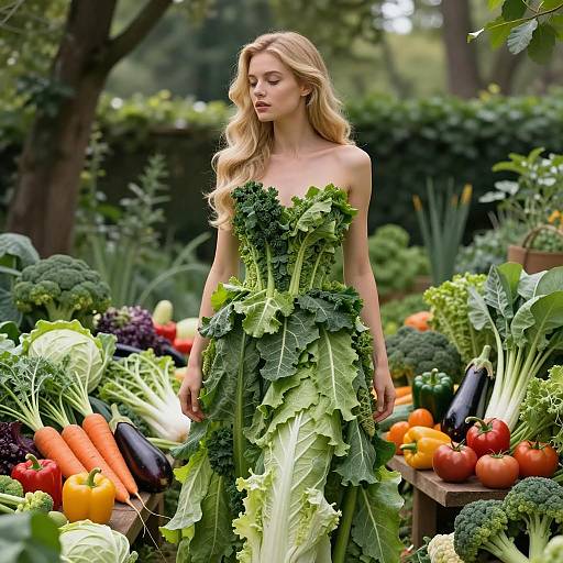 Woman Wearing Leafy Vegetable Dress in Garden