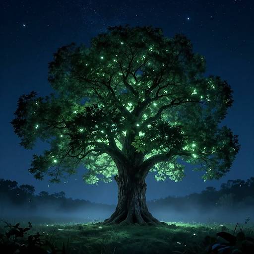 Digital art: majestic tree illuminated by glowing green fireflies under a starry night sky, surrounded by mist and dark grass.