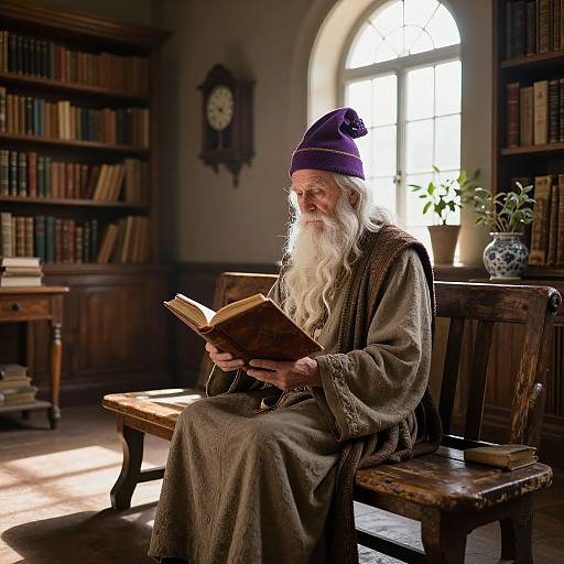 Photograph of an elderly white man with a long white beard, wearing a purple beanie and brown robe, reading a book in a sunlit,