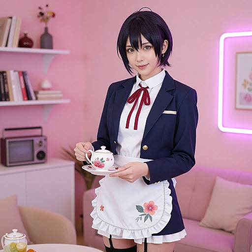 Digital artwork of an Asian woman with black bob hair, wearing a navy blazer, white blouse, red ribbon, and floral apron, holding a
