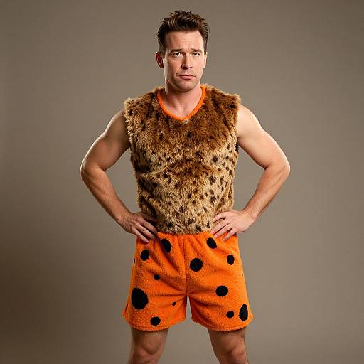 Photograph of a muscular man with short brown hair, wearing a furry brown vest and orange shorts with black spots, standing against a gray background with hands