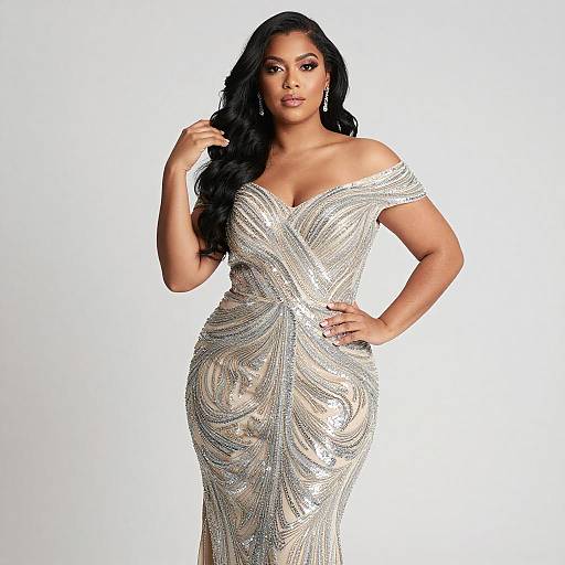 Confident Woman in Silver Sequined Gown