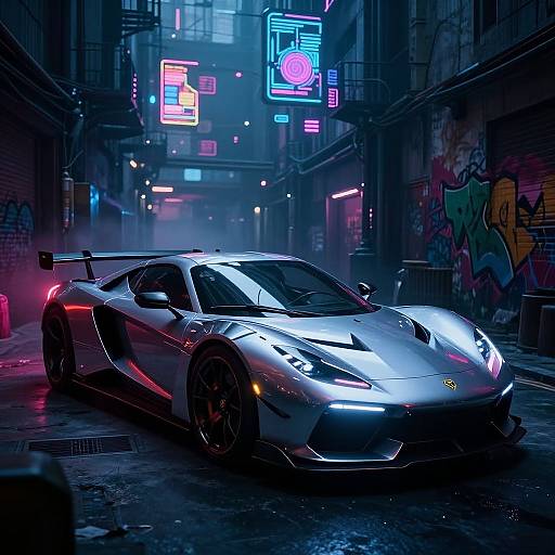 Neon-lit cyberpunk alley featuring a sleek, silver Lamborghini with glowing headlights and red accents, parked on a wet, graffiti-covered street.