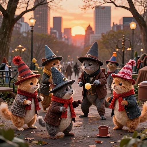 Photograph-style digital artwork of six anthropomorphic cats in wizard hats and red scarves, playing in a park at sunset.
